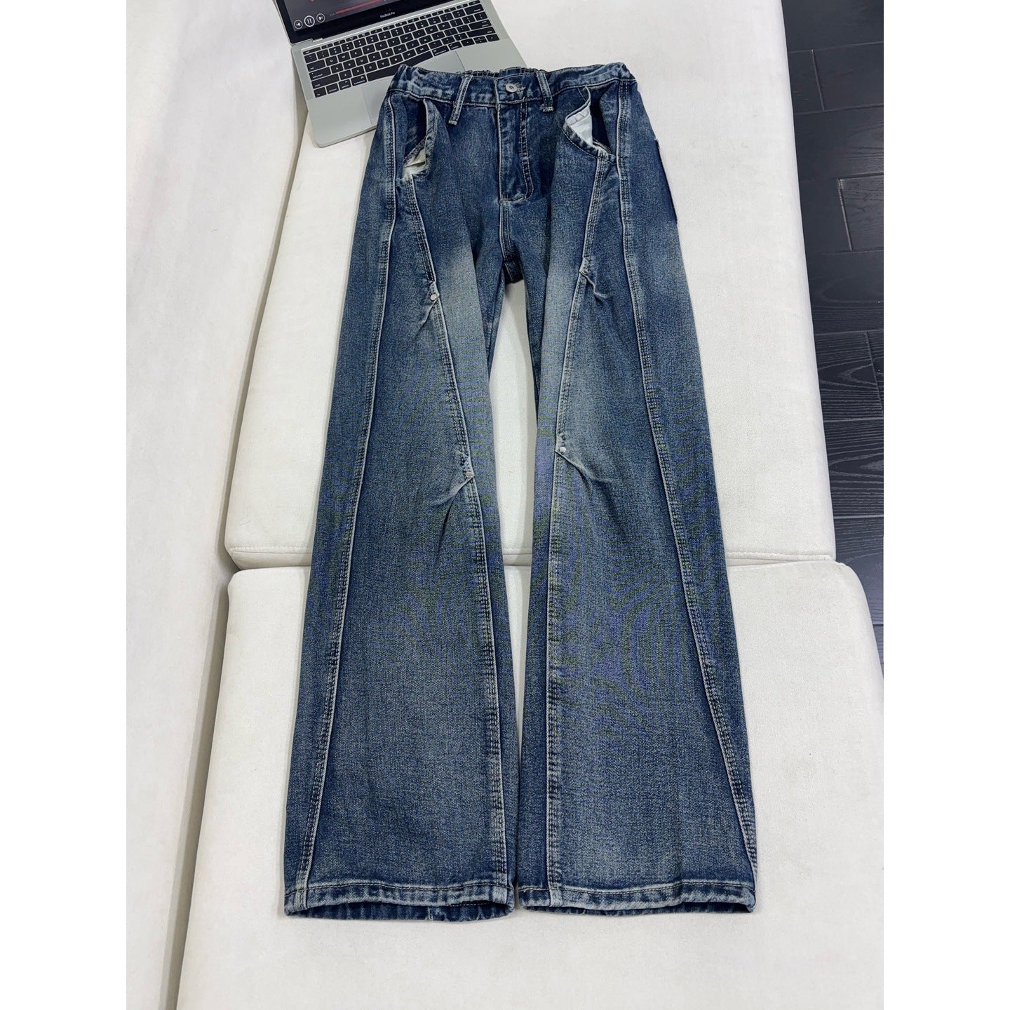 Lightning Pattern Washed Denim Pants Men Straight Leg Pants