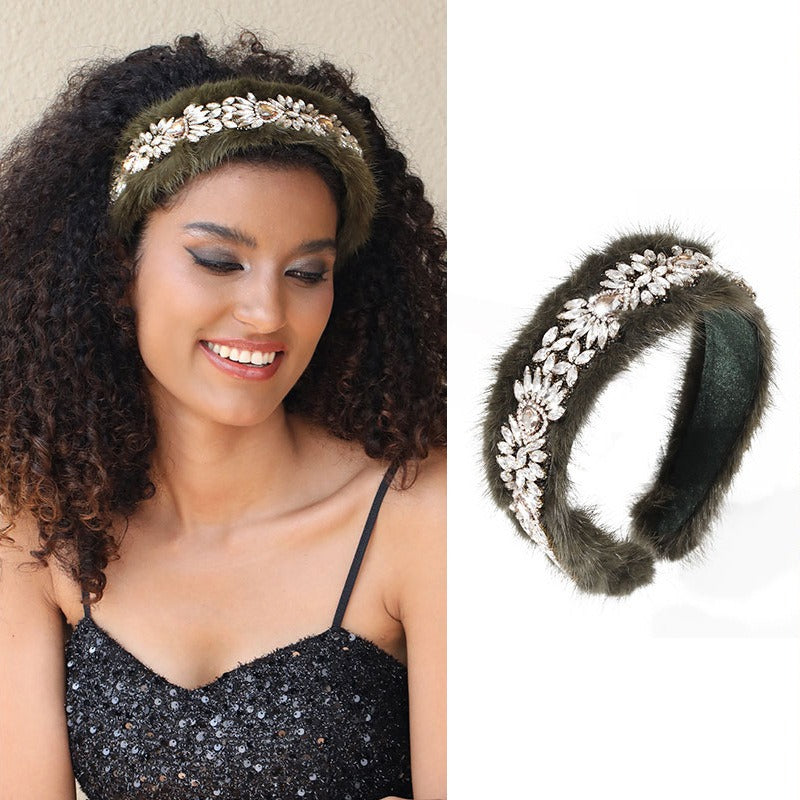 Glass Diamond Full Diamond Mink Fleece Fashionable Wide Edge Hair Hoop