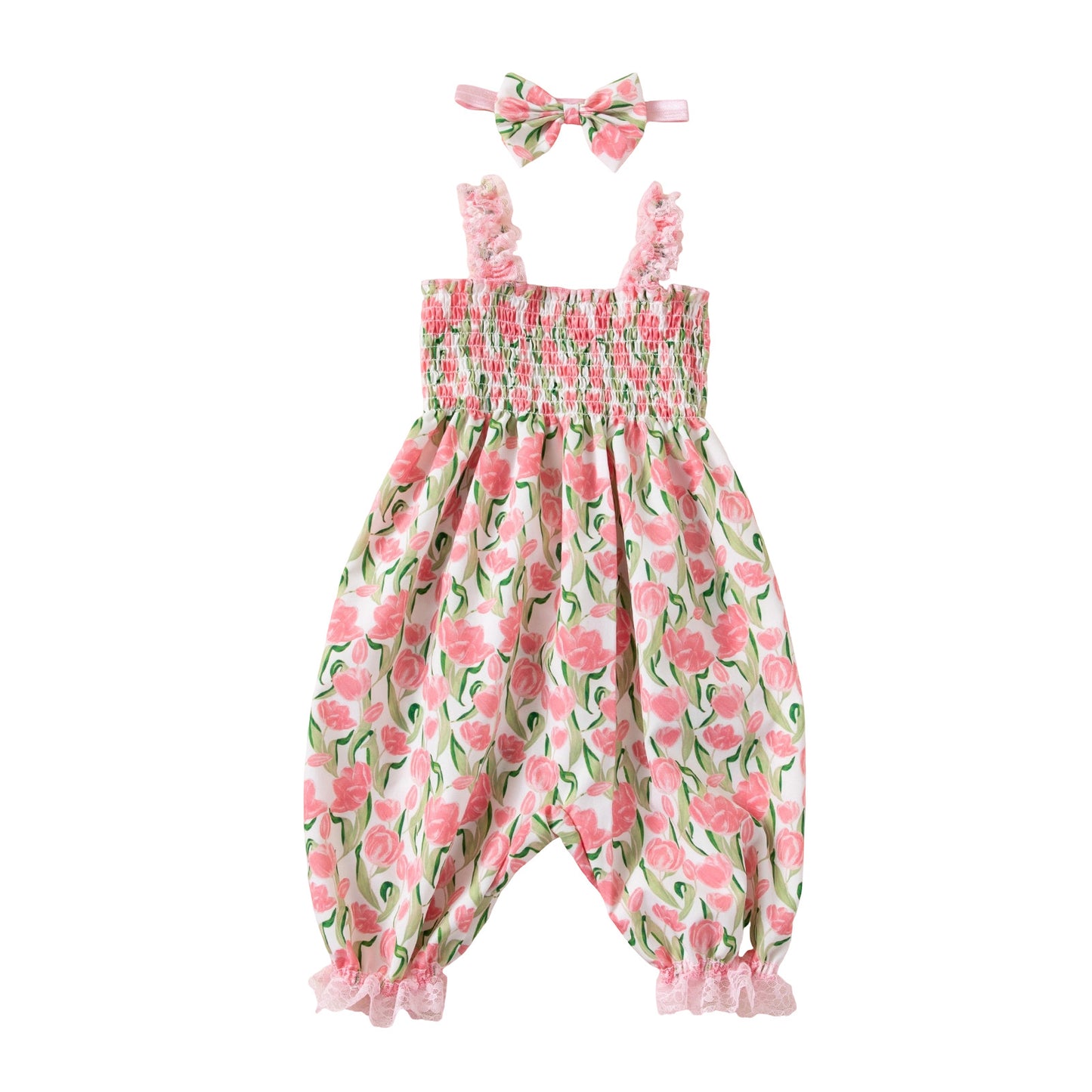 Baby Girls Summer Lightweight Strappy Romper with Lantern Pants and Floral Headband Set