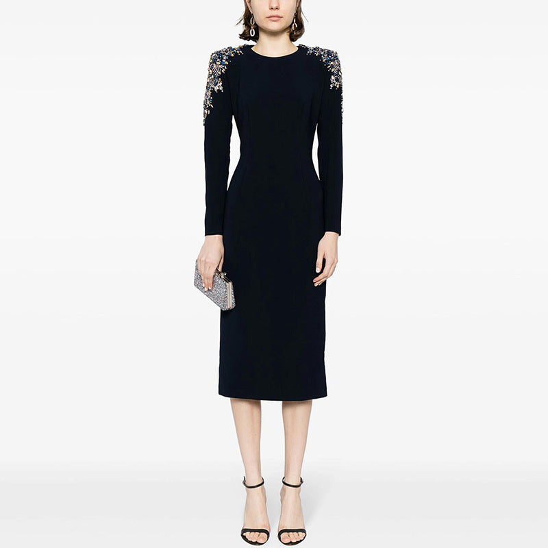 European and American celebrity fashion heavy industry nail bead studded diamond long sleeved mid length dress