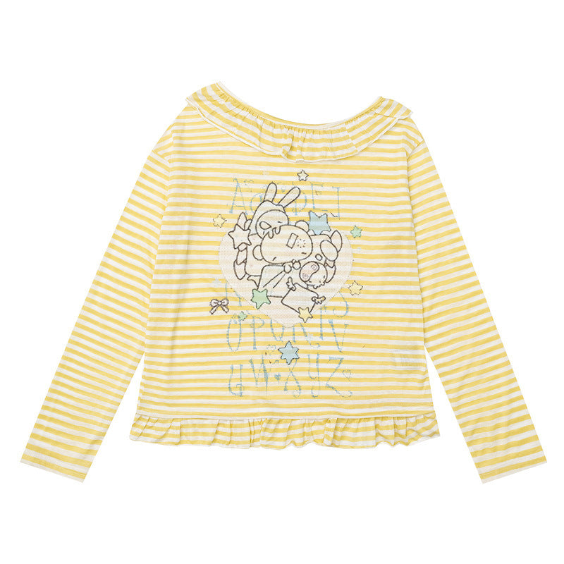 Blue and white striped ruffled one shoulder long sleeved T-shirt