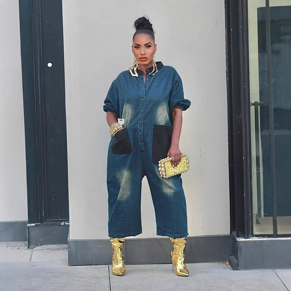 Style Patchwork Color-Blocking Large Pocket Wide-Leg Jumpsuit