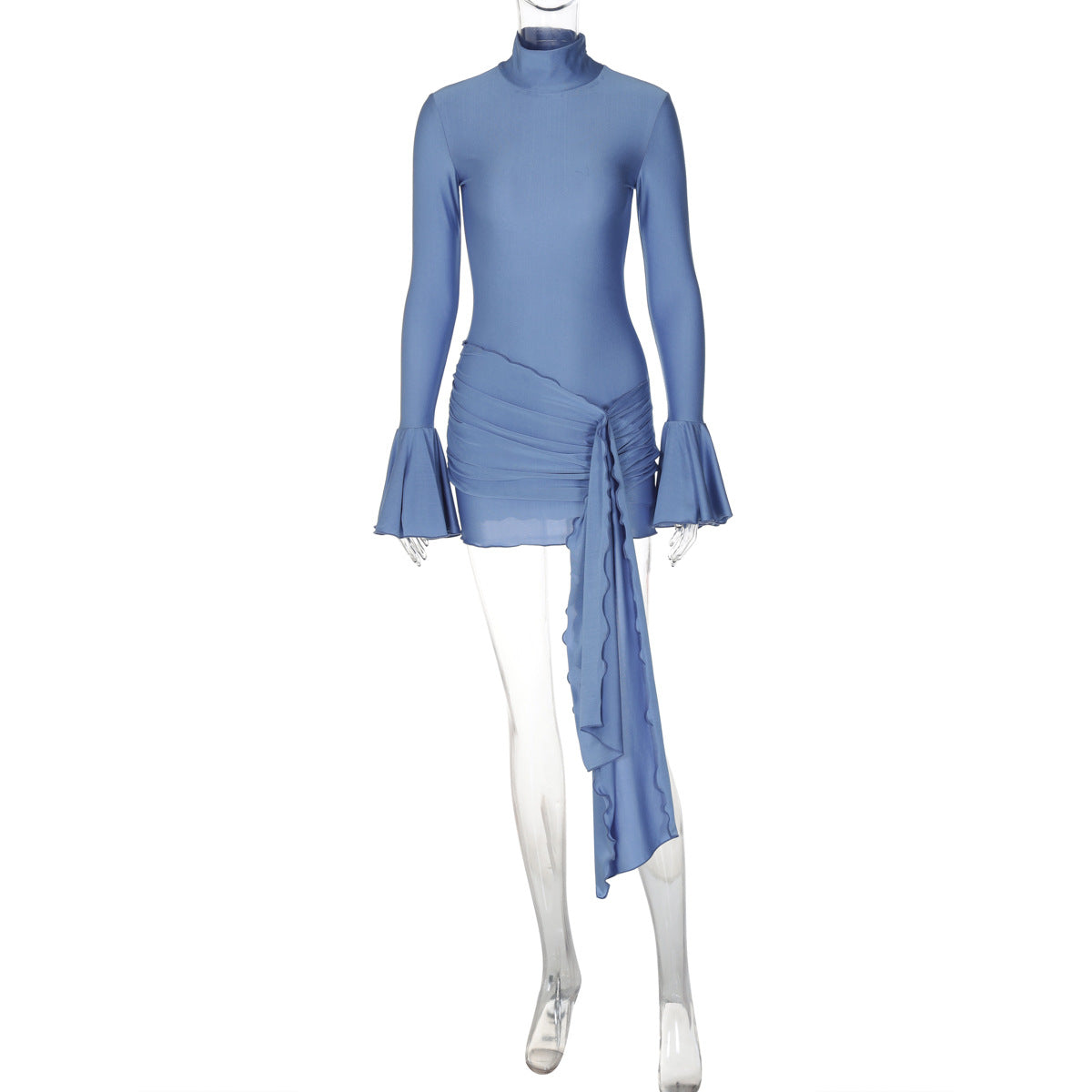 Autumn new solid color semi high neck flared sleeve sexy tight fitting hip hugging skirt