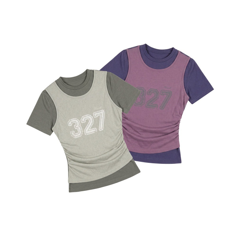 Short Crop Fitted Digital Mock Two-Piece Top Women Streetwear Short Sleeve T-Shirt