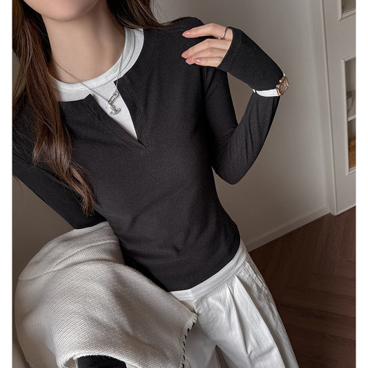Tencel Lyocell Two-Piece Long Sleeve T-Shirt for Women Early Autumn Simple Inner Layer Color-Blocked Regular Shoulder Slim-Fitting Base Layer Shirt