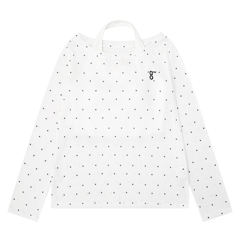 Hanging neck one shoulder polka dot long sleeved T-shirt