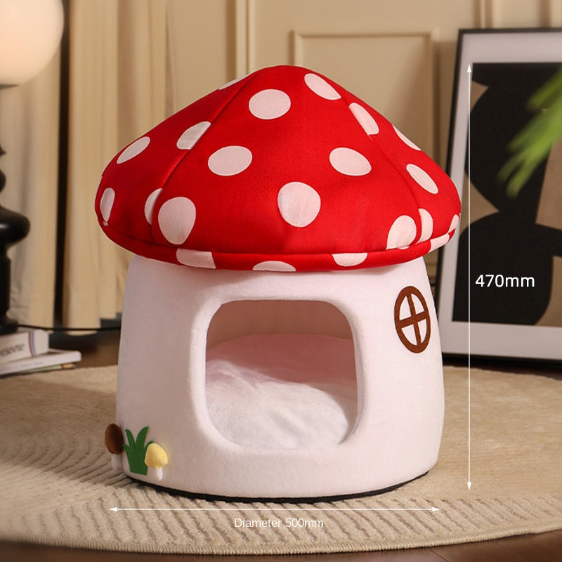 Red Umbrella Mushroom Cat House Dog Bed Winter Warm Closed-Style Cat House Pet Nest All-Season Universal for Cats and Dogs