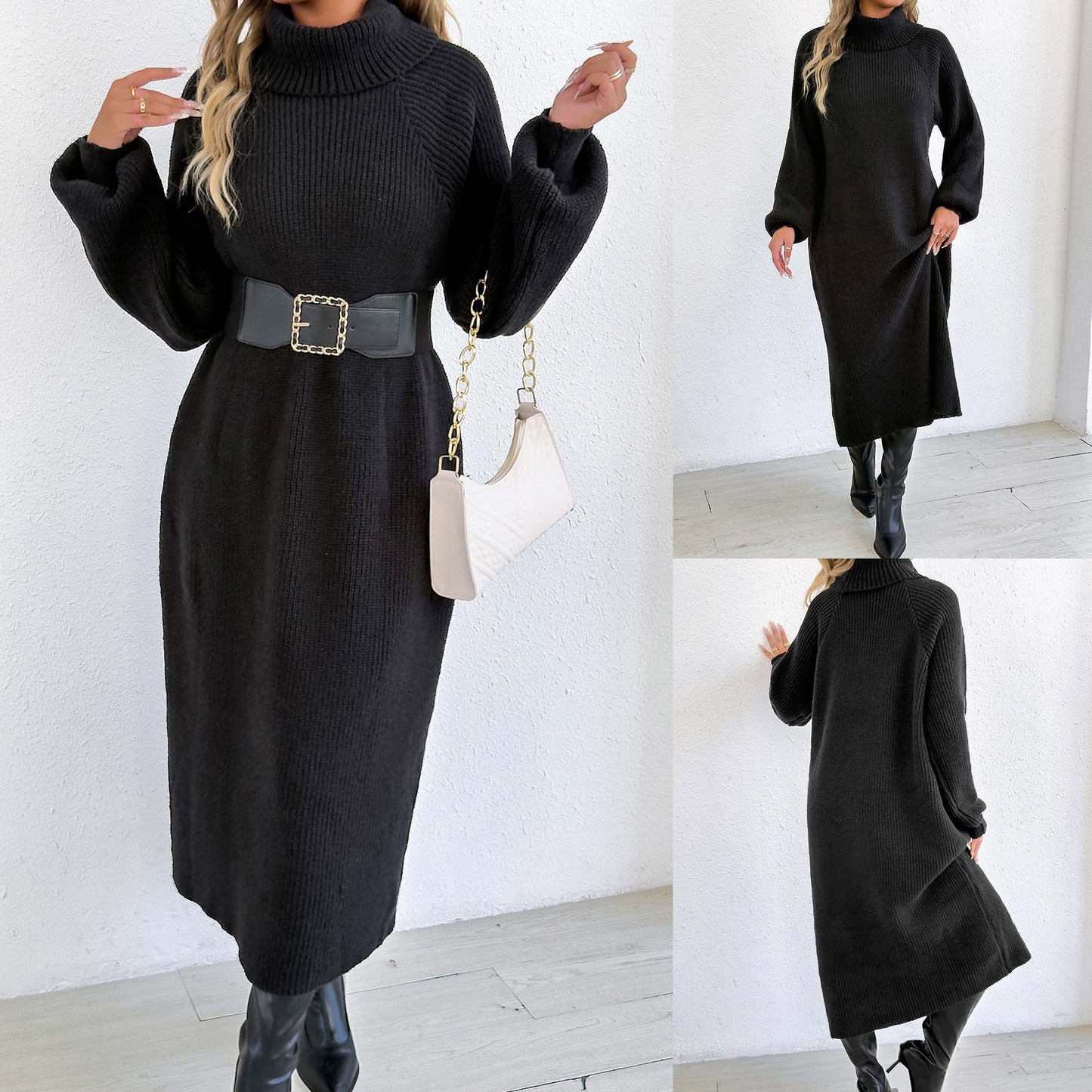 Lady's Dress Women's Clothing Loose Casual Long Dress High Neck Turn-down Collar Sweater Dress Without Belt