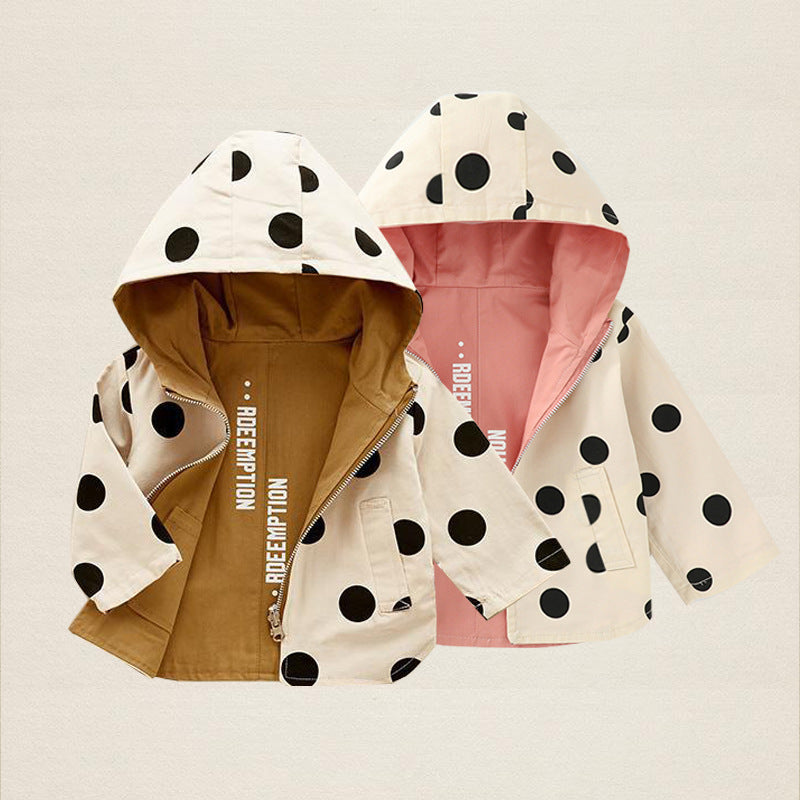 Outdoor trench coat with polka dot print double-sided outerwear for boys and girls