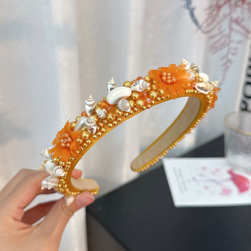 Hand sewn crystal shell headband for pearl hair accessories