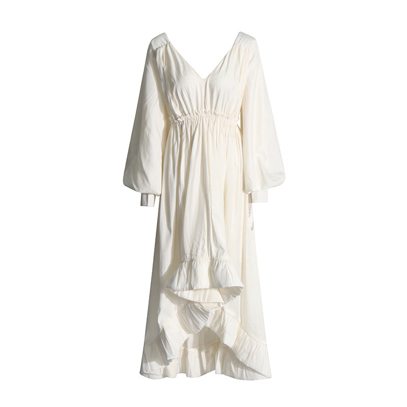 Fashionable and elegant style, deep V-neck lantern sleeves, pleated lotus leaf edge length dress for women