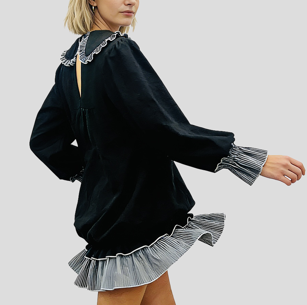 Women's fashionable black and white striped color-blocked dress with Peter Pan collar and open back