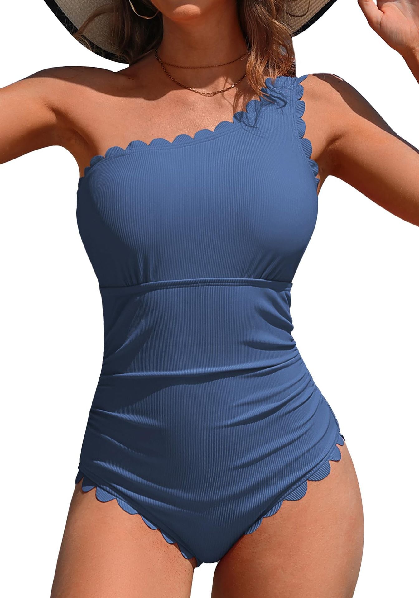 Solid color slanted shoulder one-piece swimsuit