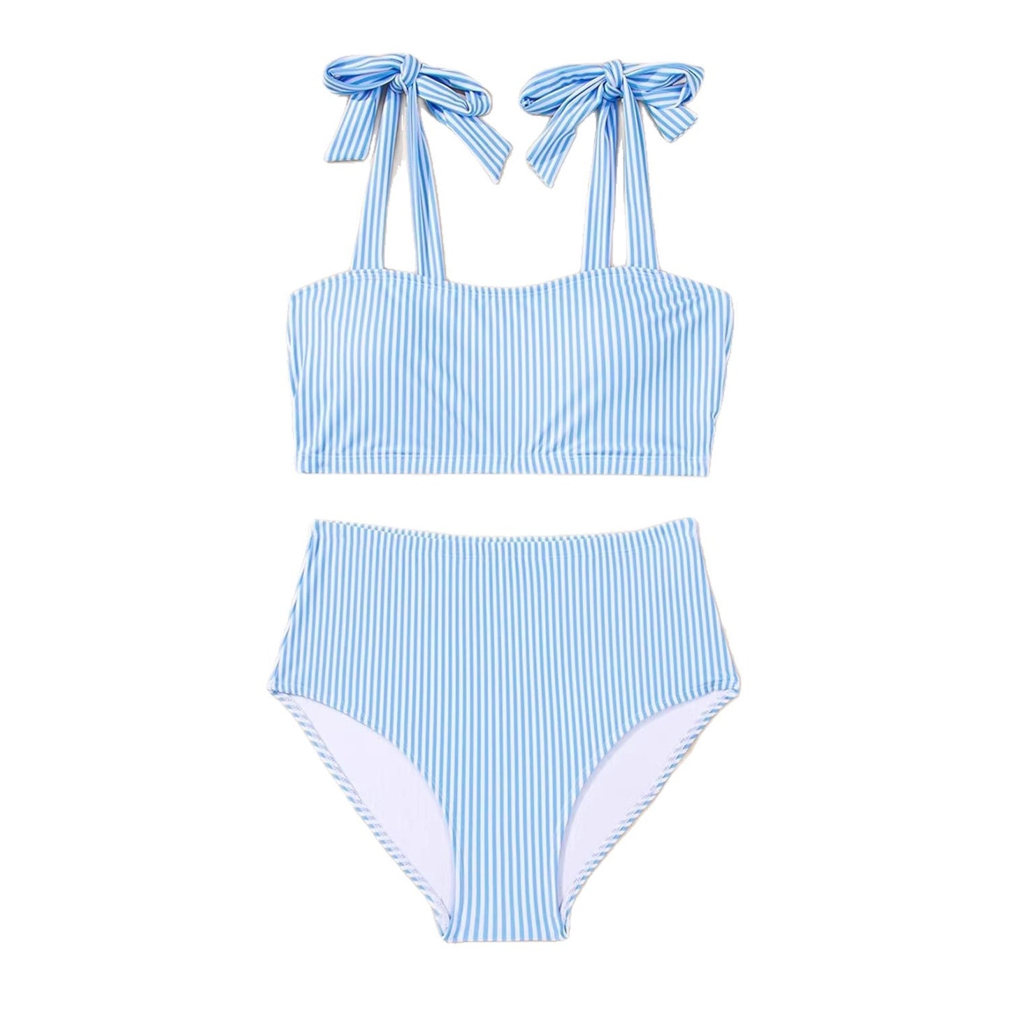 Women's Striped Bikini Set with Tie-Shoulder Design, High-Waisted Two-Piece Swimsuit