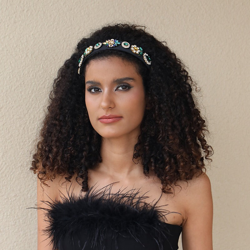 Fashionable wide brimmed hair band for women with diamond inlaid flower Baroque rhinestones