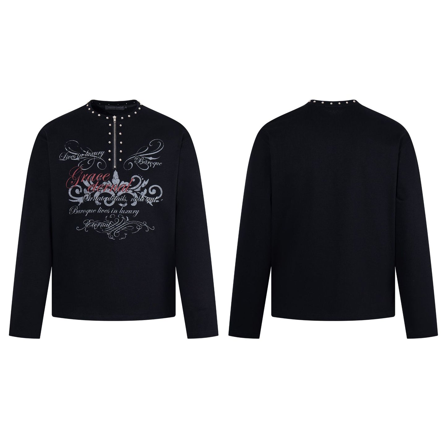 Light punk rivet half zipper long sleeved t-shirt