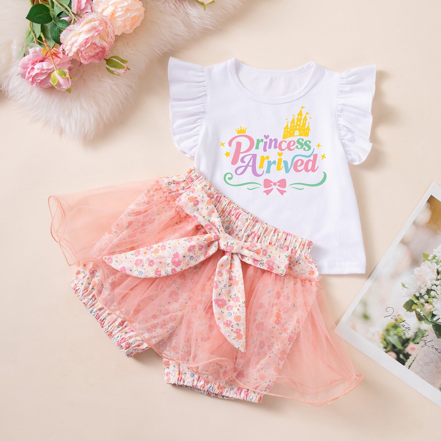 Girls Summer Princess Print Flutter Sleeve T-Shirt and Mesh Skirt Set, Baby Festival Party Outfit Two-Piece Set