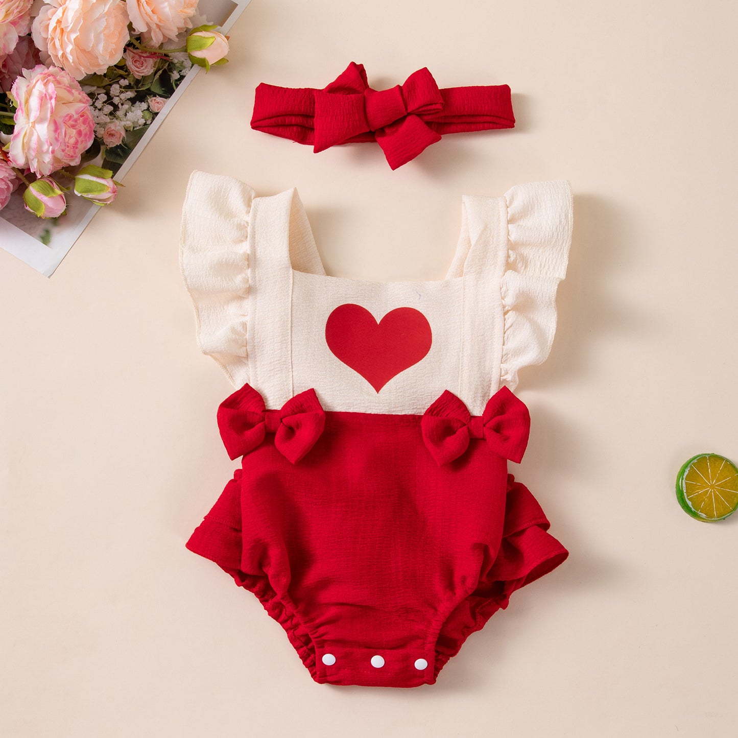 Baby Heart Bow Flutter Sleeve Romper for Girls, Summer Back Crossed Snap Onesie, Children's Clothing