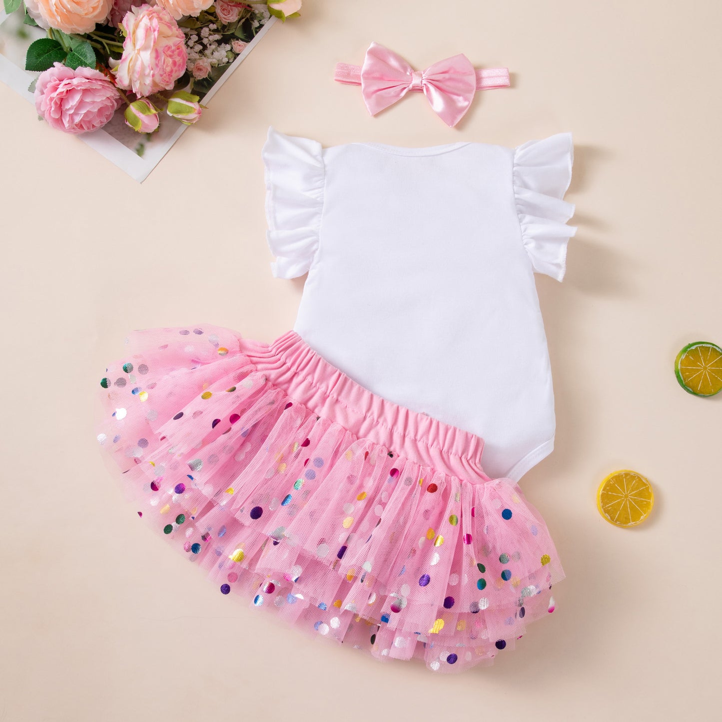 Baby Girl's First Birthday Dress Set, Pink Sequin Romper with Skirt, Formal Outfit for Celebration and Photo Shoot