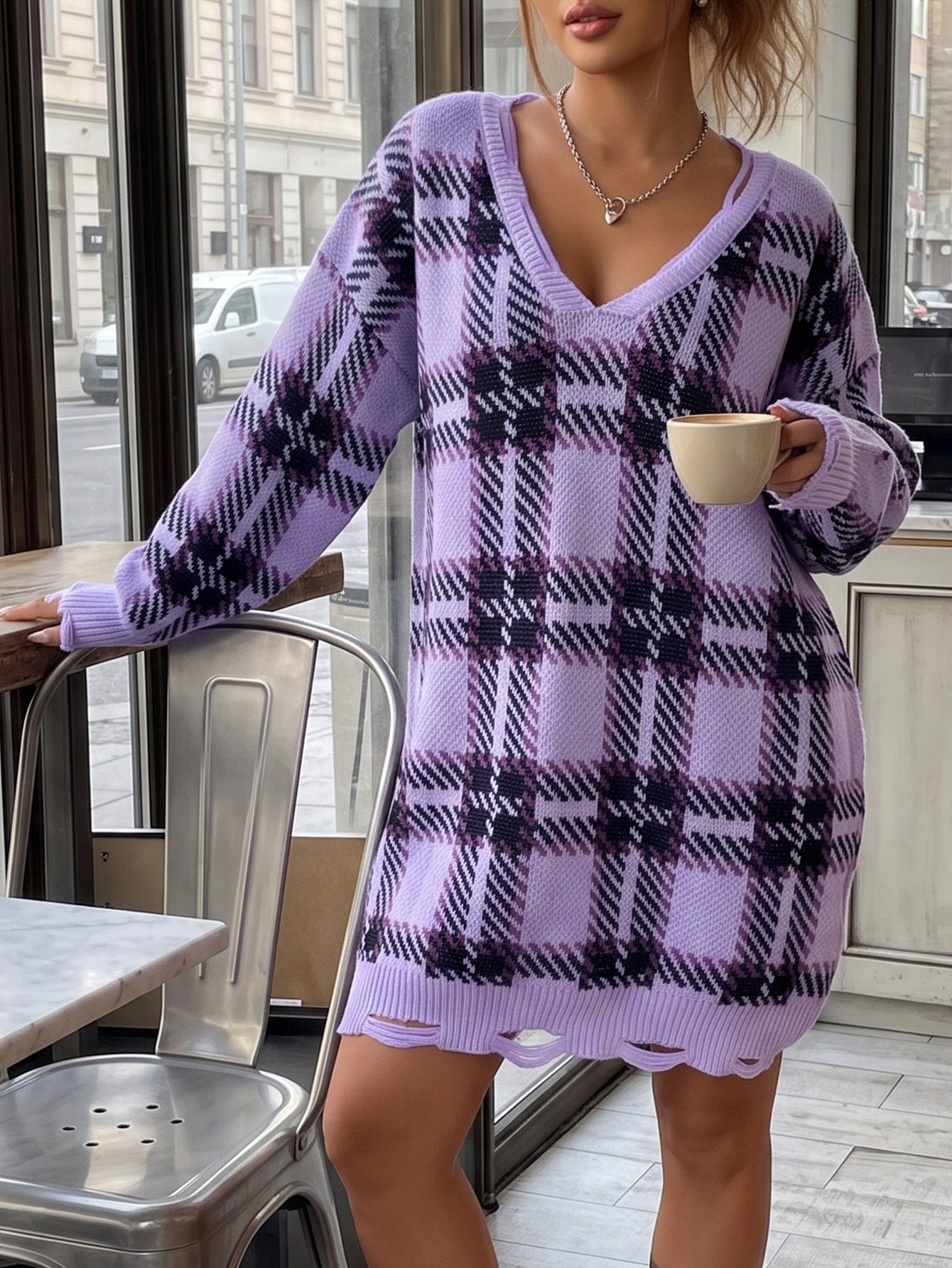 Chic Dress with Color-Block Plaid Pattern, Thick Knitted Sweater Dress