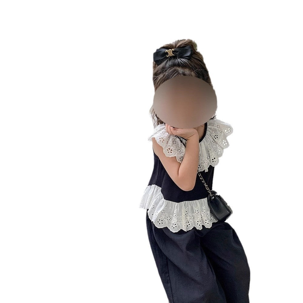 Girls' Set Summer New Round Neck Lace Top + Casual 9/10 Pants Two-Piece Set for Kids