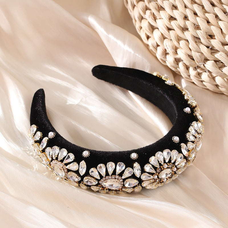 Fashionable Baroque inlaid colorful rhinestone sponge wide edge headband