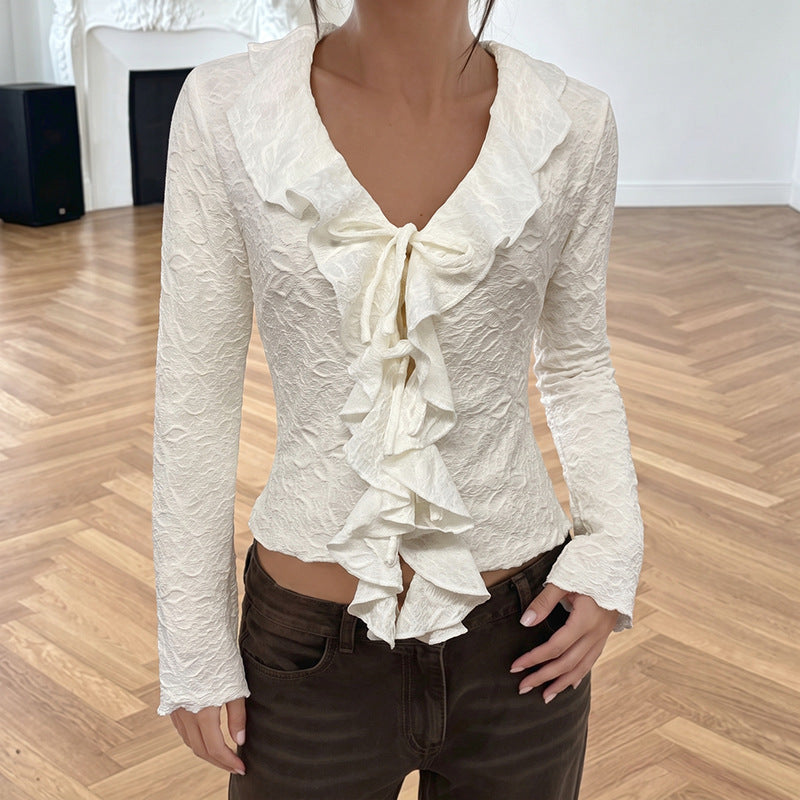 Solid color V-neck mushroom edge slim fit long sleeved slim fit t-shirt