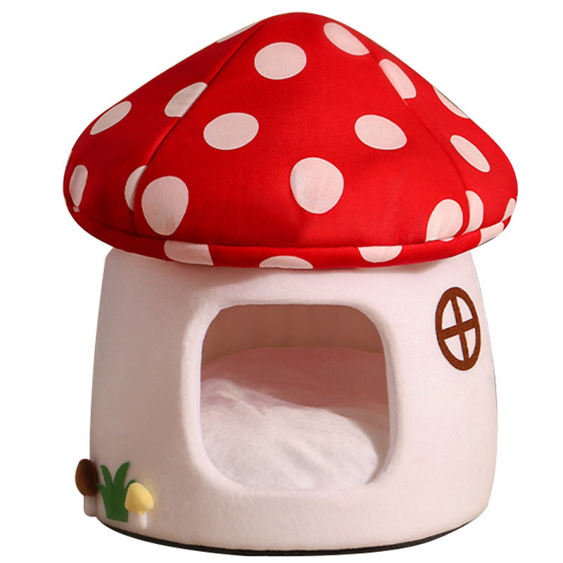 Red Umbrella Mushroom Cat House Dog Bed Winter Warm Closed-Style Cat House Pet Nest All-Season Universal for Cats and Dogs