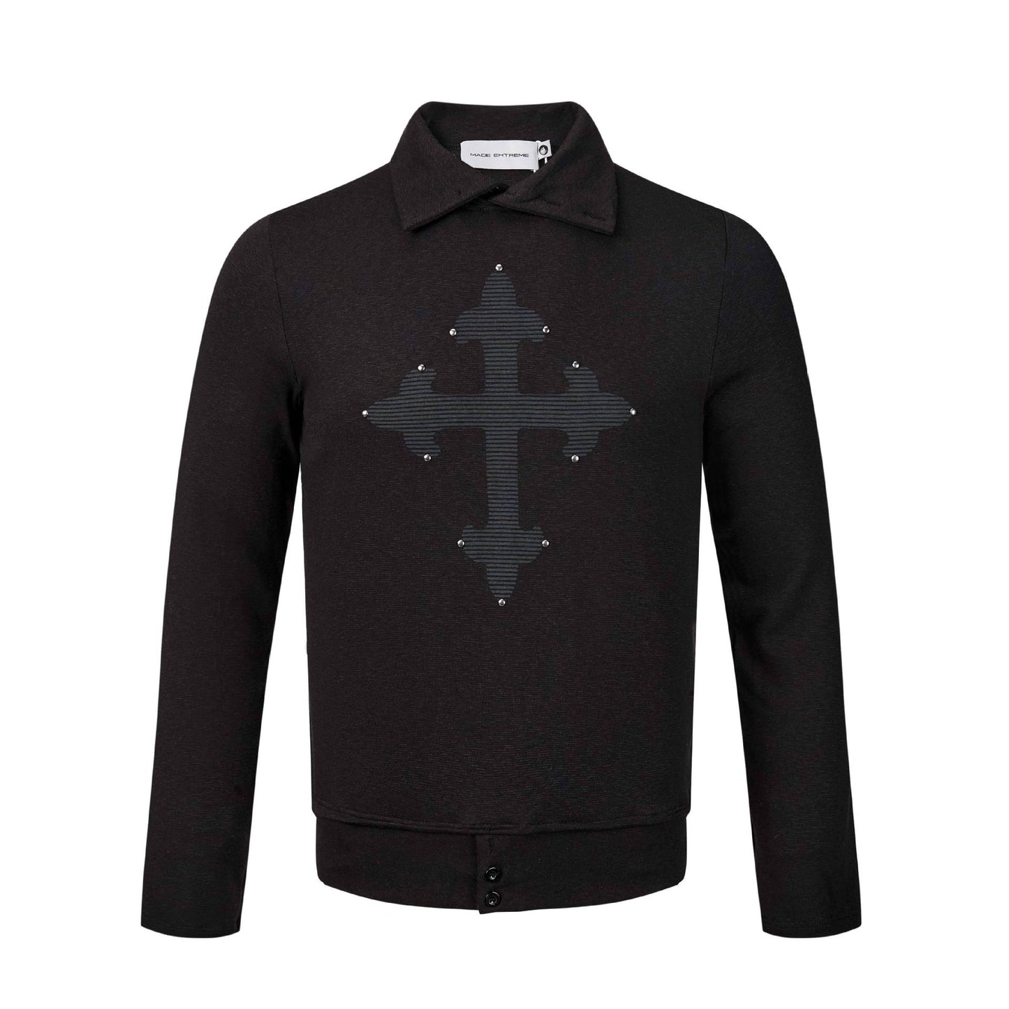 Casual Vintage Streetwear Dark Print Long Sleeve Turn-down Collar Rhinestone T-Shirt