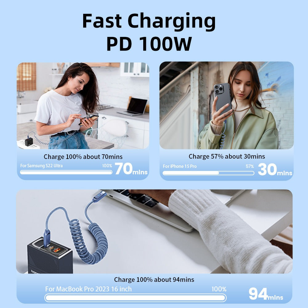 Car mounted spring with light PD100W fast charging dual typec data cable suitable for Huawei Apple 15