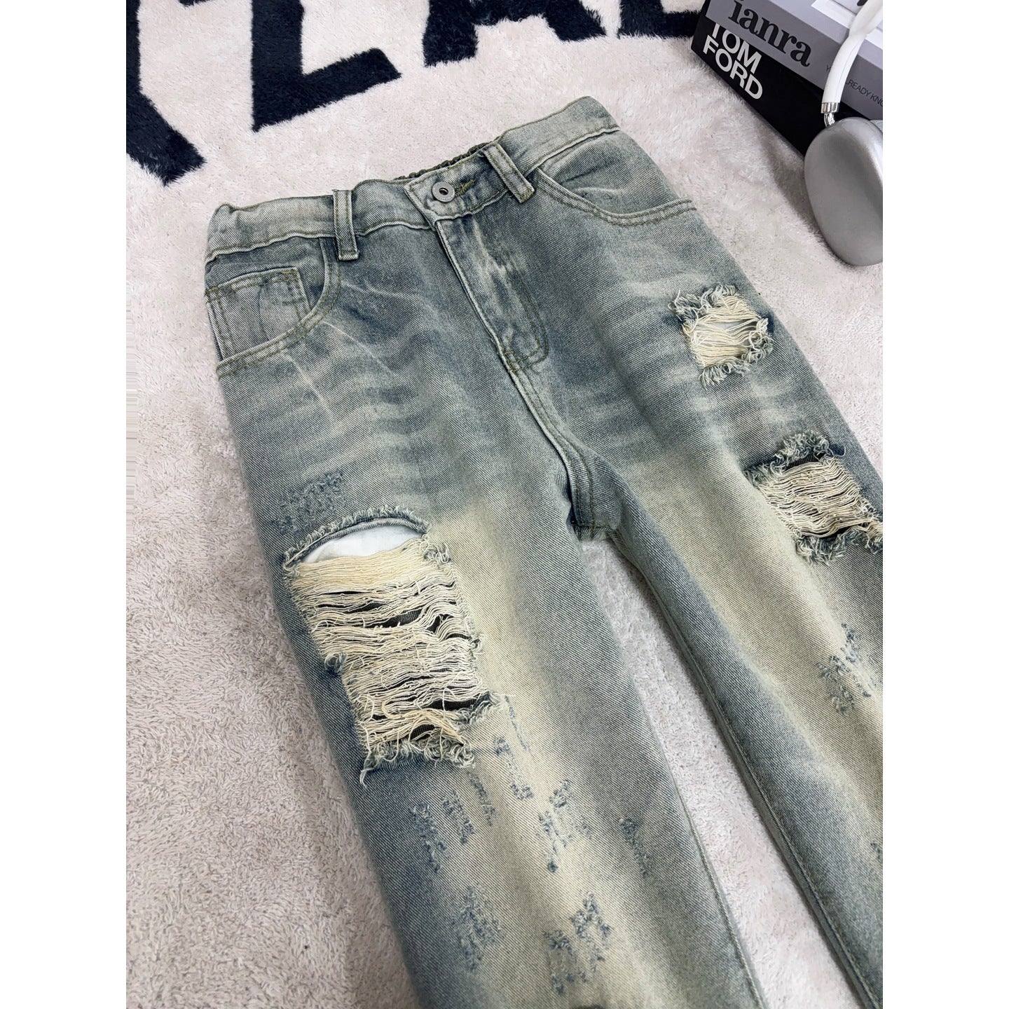 Ripped Denim Pants for Men,Vintage Loose Wide Leg Design Long Trousers
