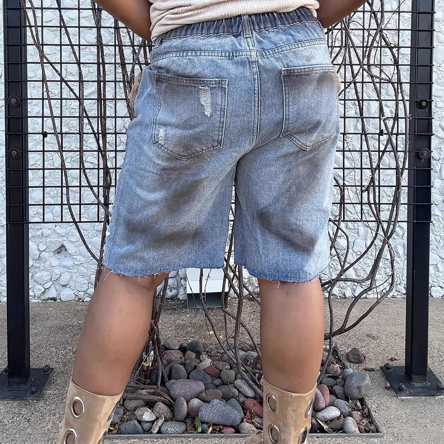 Ripped Distressed Denim Shorts with Lace Hollow-Out and 3D Floral Design