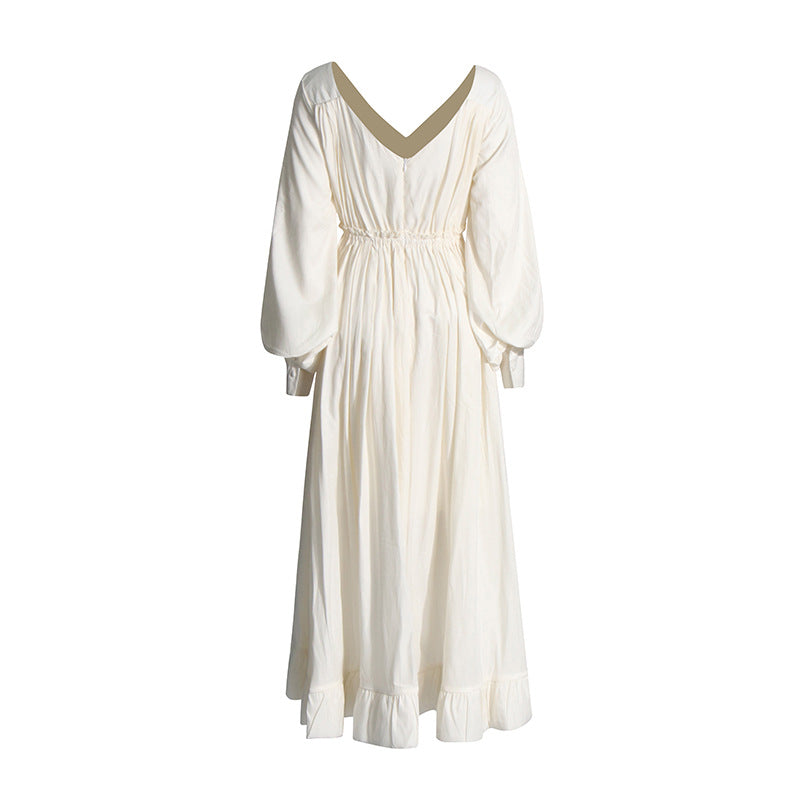 Fashionable and elegant style, deep V-neck lantern sleeves, pleated lotus leaf edge length dress for women