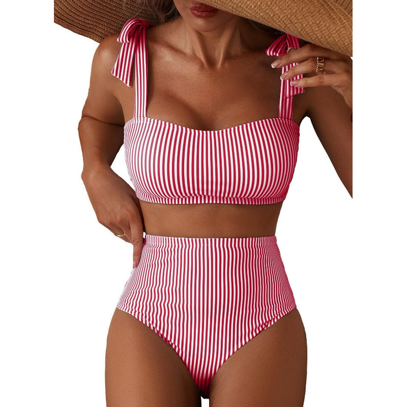 Women's Striped Bikini Set with Tie-Shoulder Design, High-Waisted Two-Piece Swimsuit