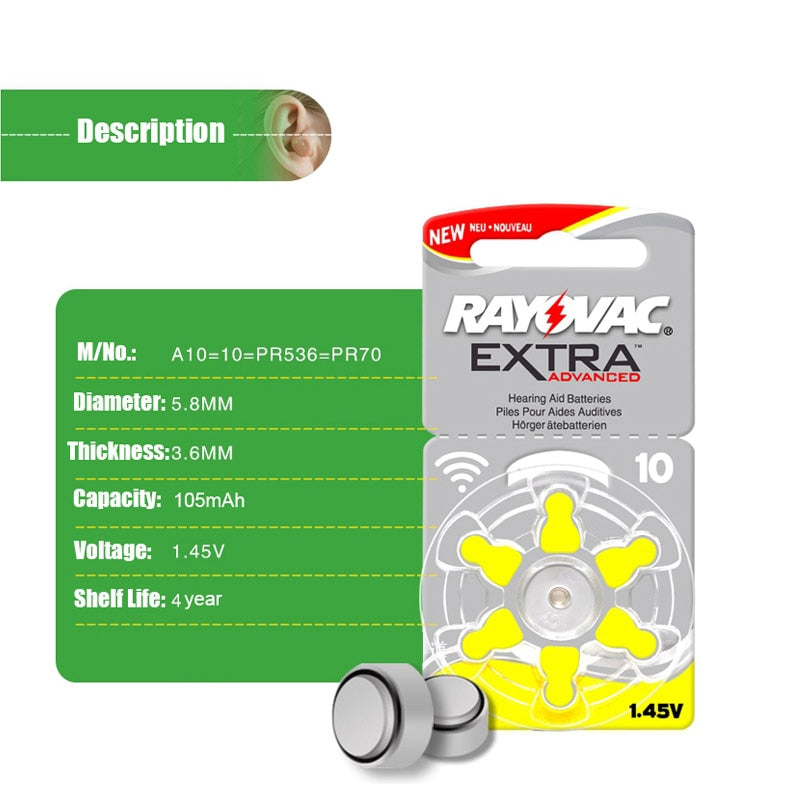 60 PCS Rayovac Extra Zinc Air Hearing Aid Batteries A10 10A 10 PR70 Hearing Aid Battery A10 for Hearing Aids