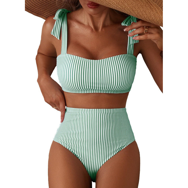 Women's Striped Bikini Set with Tie-Shoulder Design, High-Waisted Two-Piece Swimsuit