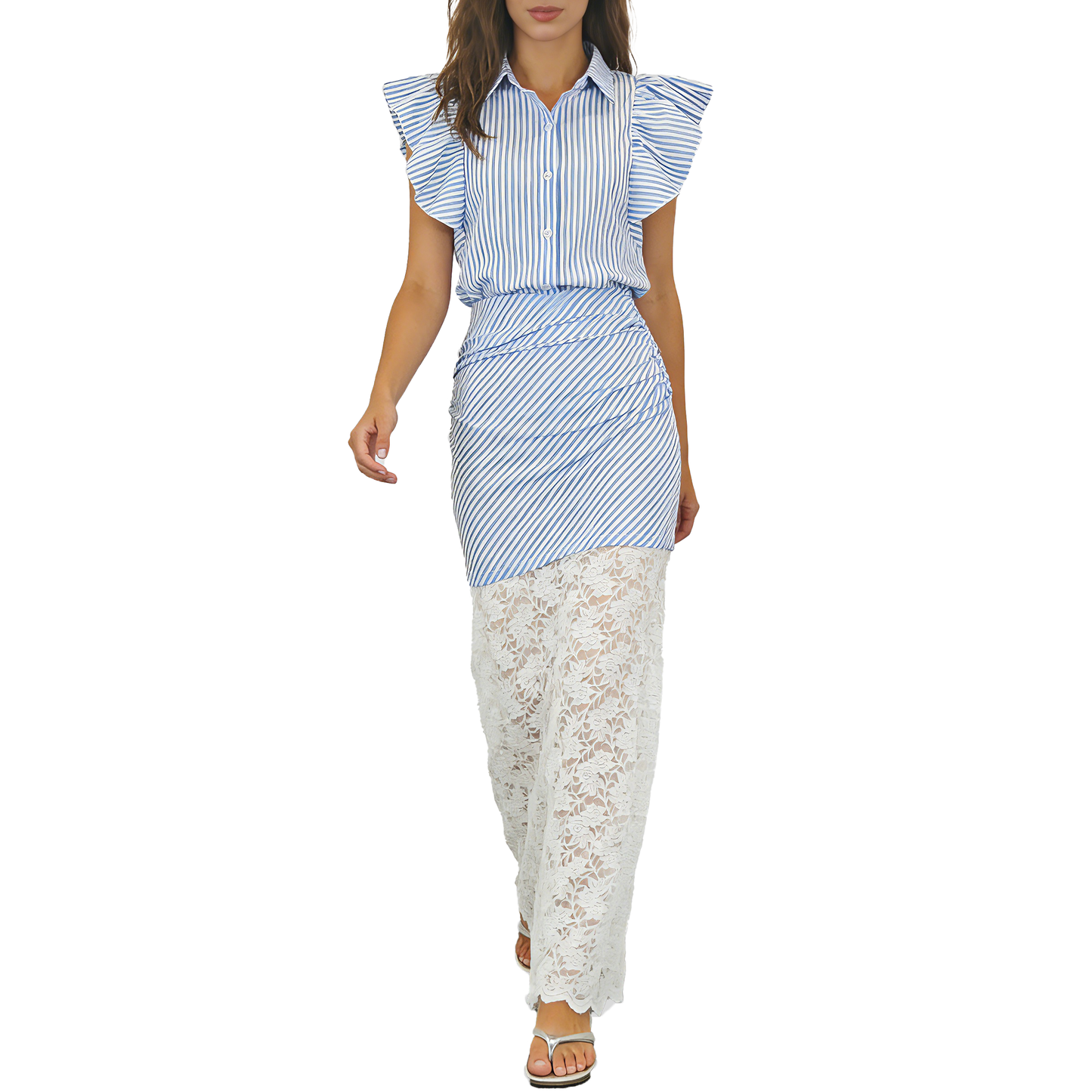 Women's Fashionable Flutter Sleeve Blue and White Striped Lace Bodycon Skirt Set