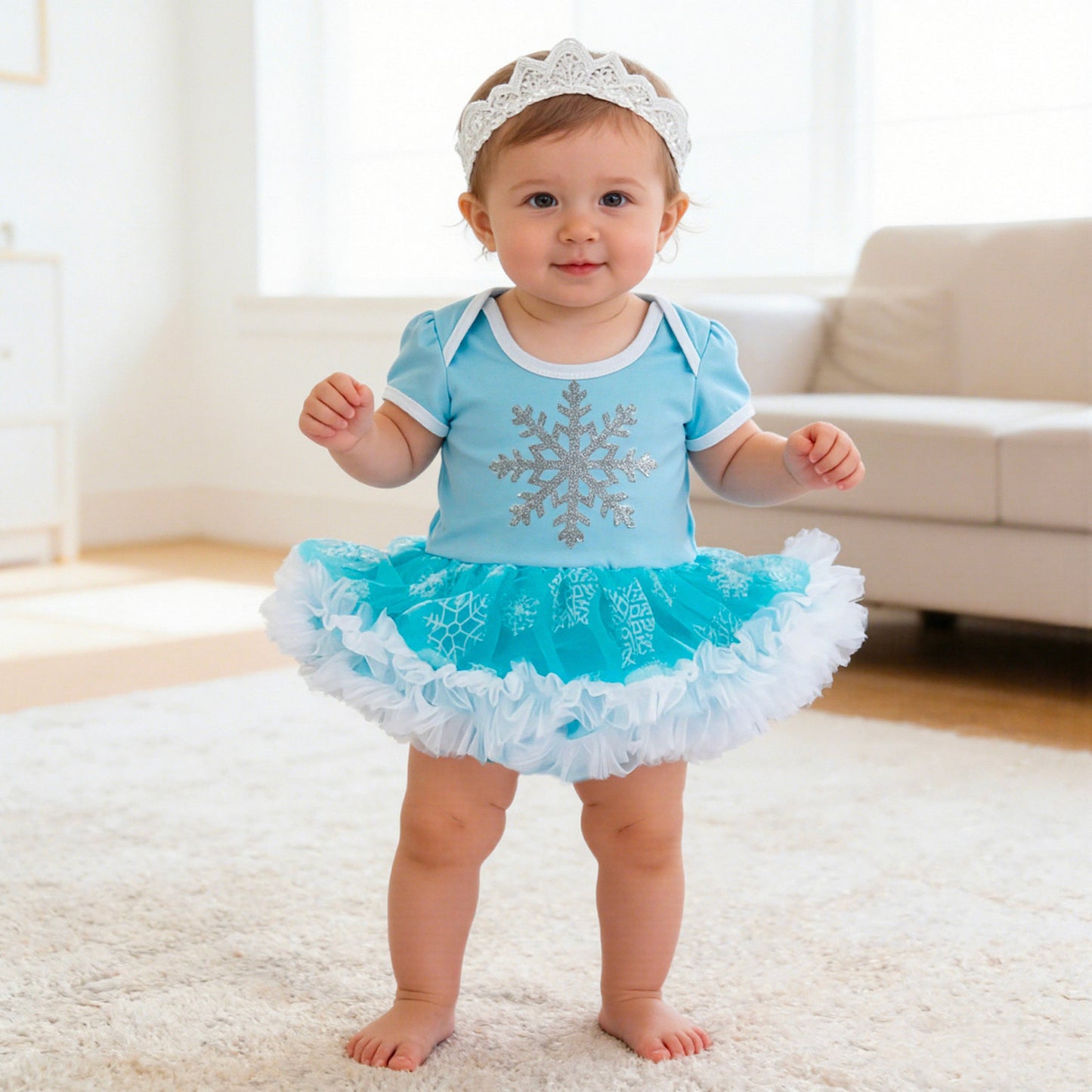 Spring Summer New Baby Frozen Short Sleeve Romper Dress with Crown Headwear 2-Piece Set Infant Clothes