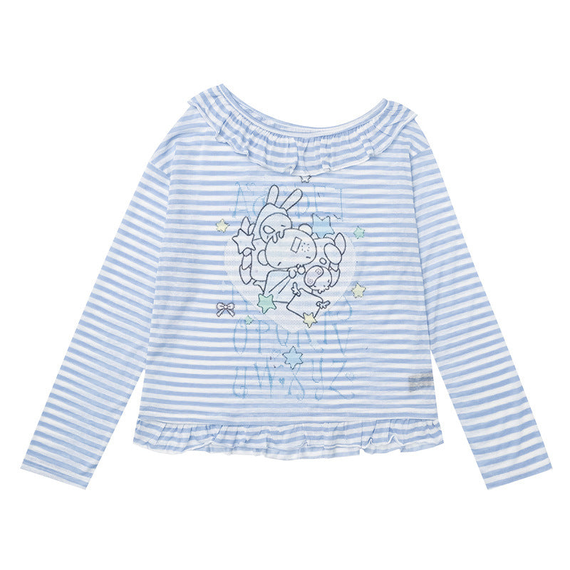 Blue and white striped ruffled one shoulder long sleeved T-shirt