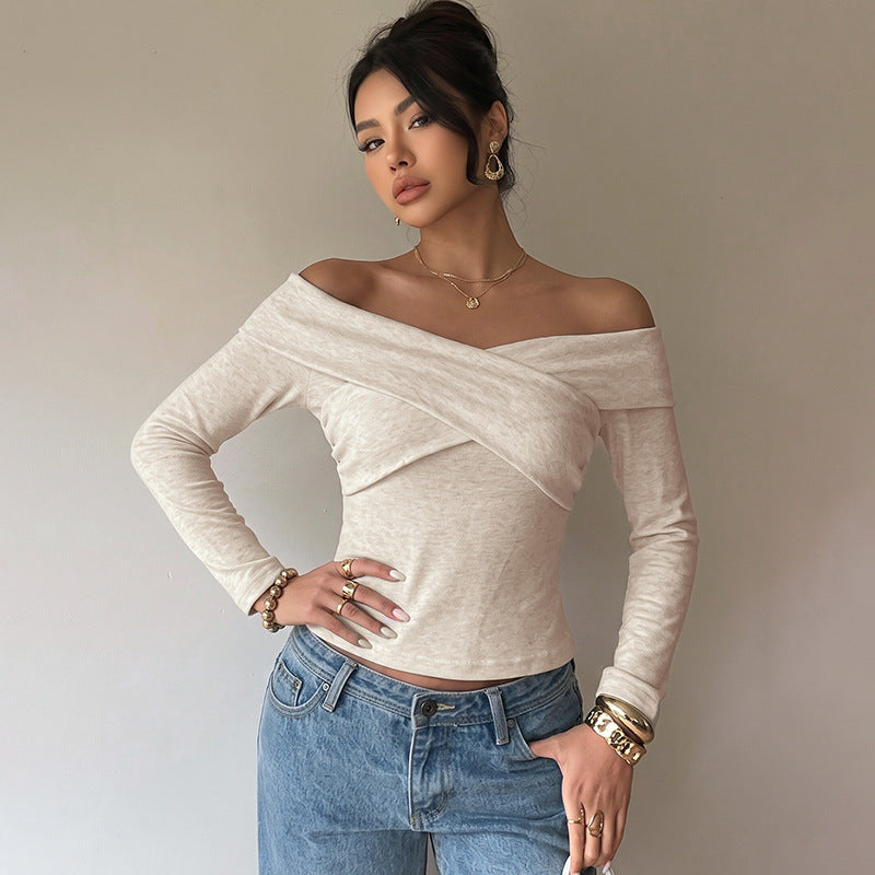 Solid color cross one neck off shoulder long sleeved t-shirt