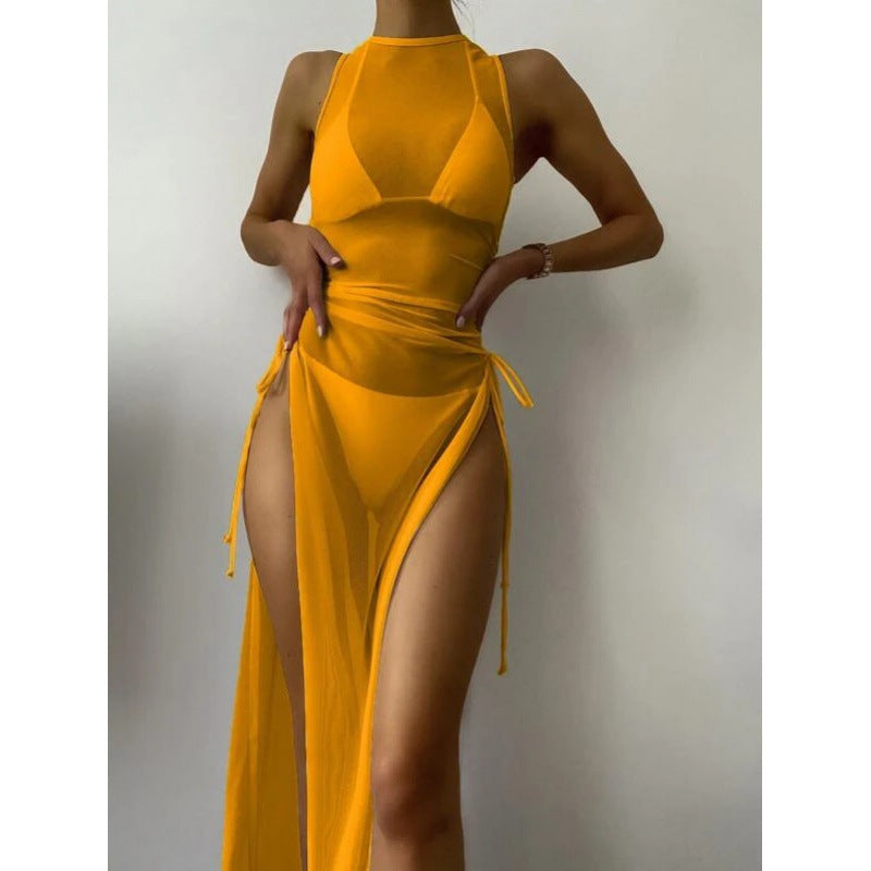 Bikini Swimwear Set, Solid Color Long Dress, Sexy Three-Piece Separated Swimsuit for Women
