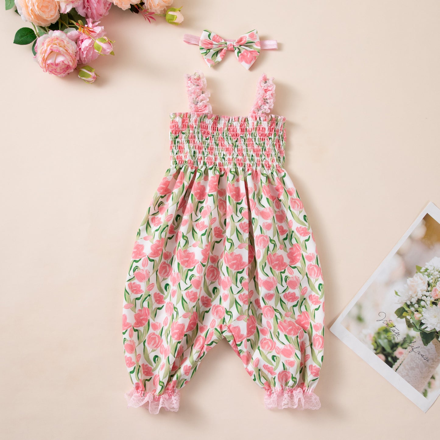 Baby Girls Summer Lightweight Strappy Romper with Lantern Pants and Floral Headband Set