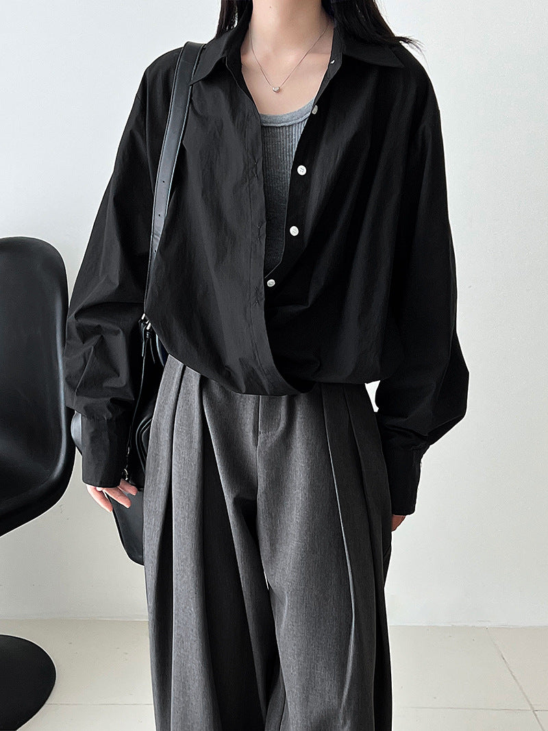 Deer West  High-Quality Deep V-Neck Layered Shirt for Women, Autumn Lazy Design Waist-Cinched Blouse