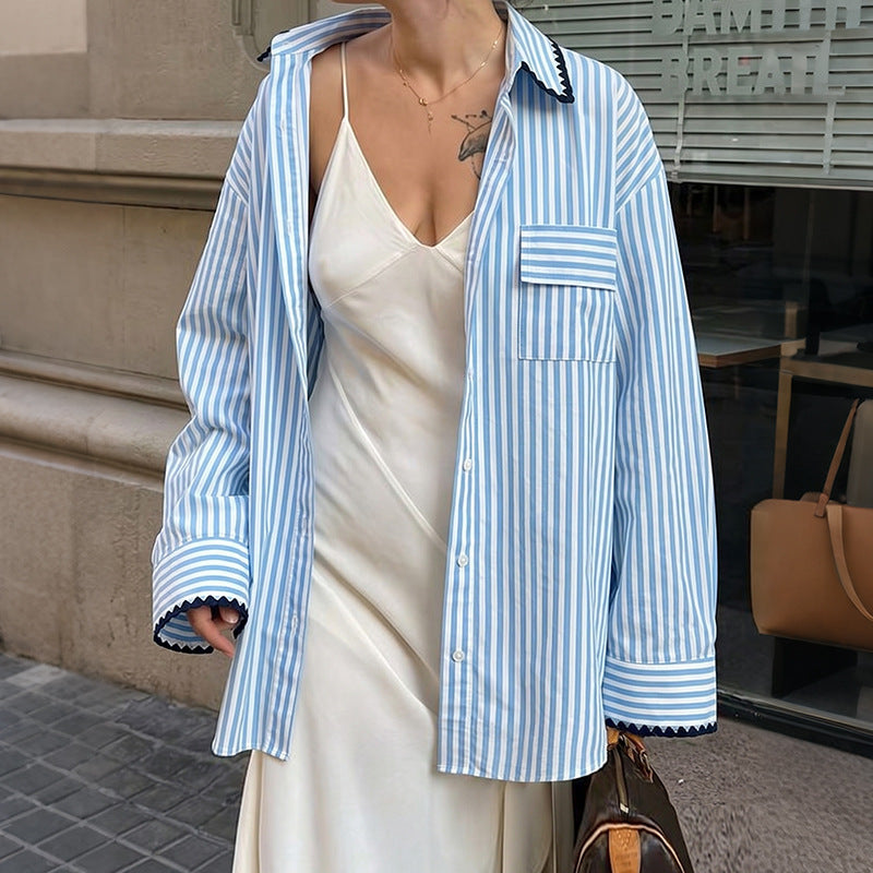 Stripe contrasting color wrapped loose fitting shirt for women