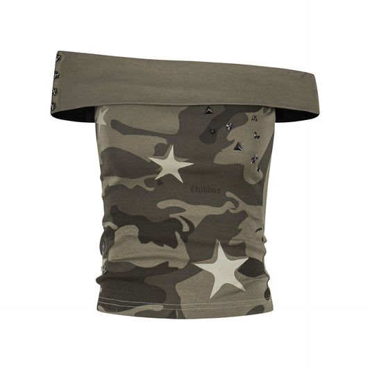 Women's Color-block Fitted Off-shoulder Casual Short Sleeve Star Print T-shirt