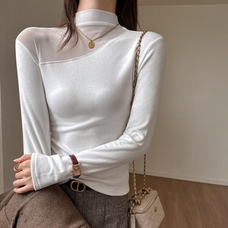 Chic High Neck Women's Long Sleeve T-Shirt with Mesh Splicing Lightweight Inner Layer Top