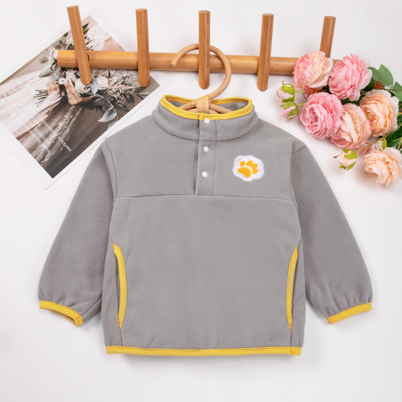 Autumn Winter New Children's Hoodie with Stand Collar, Warm and Windproof, Simple and Cute Embroidery Design for Boys and Girls
