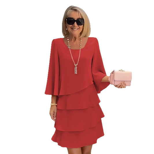 Loose solid color round neck dress