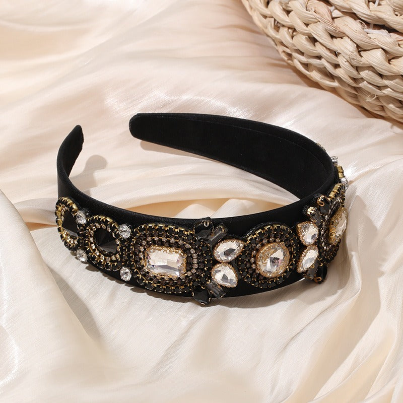Fashion heavy handmade glass inlaid diamond wide edge sponge full diamond women's headband headwear
