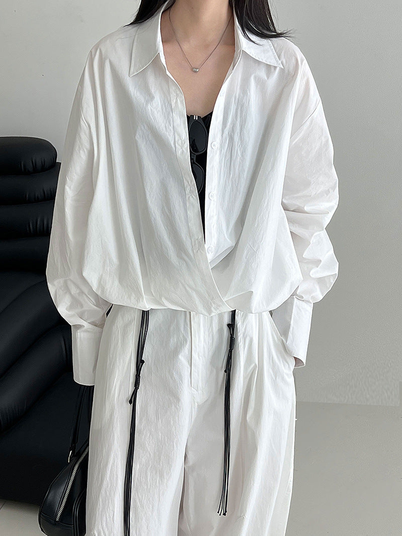Deer West  High-Quality Deep V-Neck Layered Shirt for Women, Autumn Lazy Design Waist-Cinched Blouse